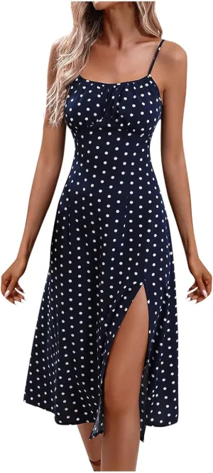 Womens Summer Dresses Empire Waist Polka Dots Spaghetti Strap Sundress Side Split Wedding Guest A-Line Midi Dress