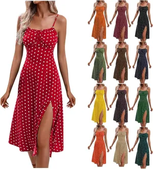 Womens Summer Dresses Empire Waist Polka Dots Spaghetti Strap Sundress Side Split Wedding Guest A-Line Midi Dress