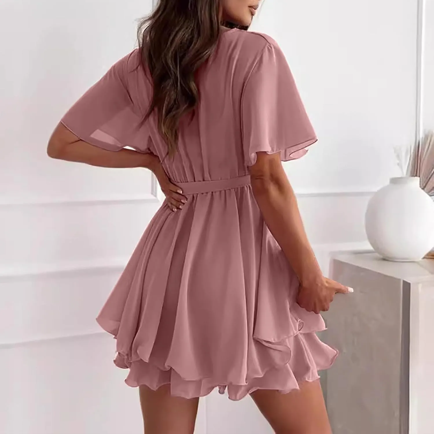 Women's Summer Lantern Sleeve Dress Sexy Casual Plunging V Neck Tie Waist Layer Ruffle Hem A Line Swing Mini Dresses