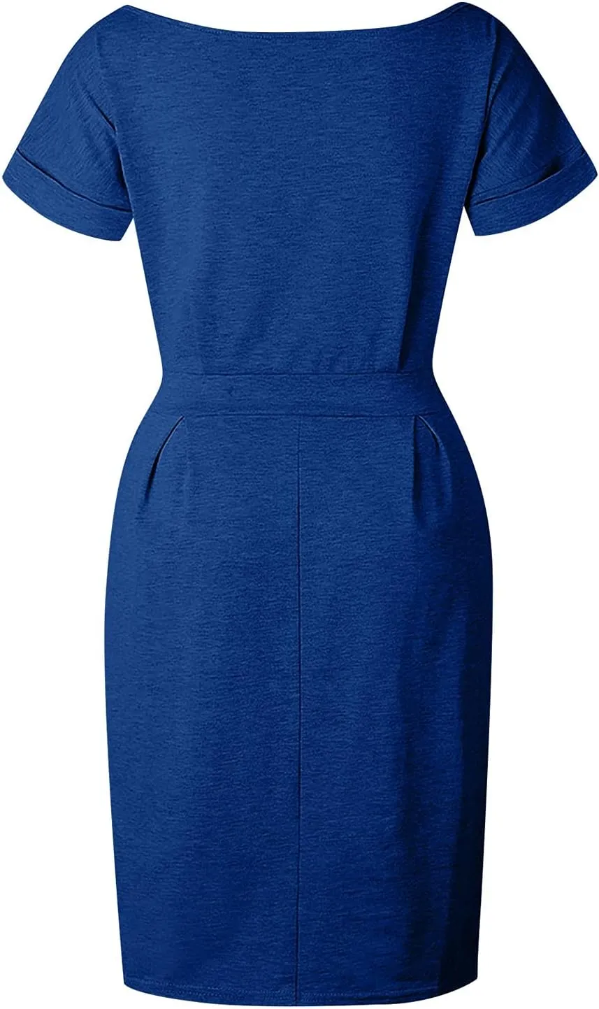 Women's Summer Short Sleeve Crewneck Formal Dress Basic Solid Tie Waist Office T Shirt Dresses Midi Dress with Pockets