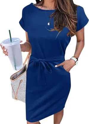 Women's Summer Short Sleeve Crewneck Formal Dress Basic Solid Tie Waist Office T Shirt Dresses Midi Dress with Pockets
