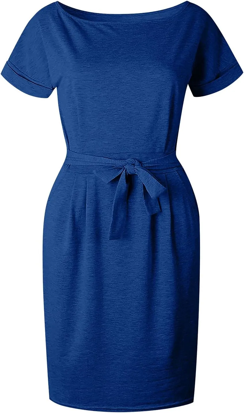 Women's Summer Short Sleeve Crewneck Formal Dress Basic Solid Tie Waist Office T Shirt Dresses Midi Dress with Pockets