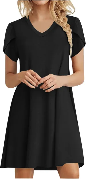 Women's Summer V Neck Mini Dresses 2025 Casual Petal Short Sleeve Flowy Dress Trendy Loose Beach Holiday Dress