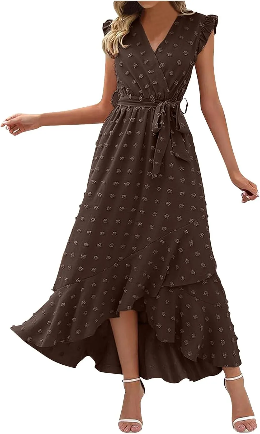 Xiaojmake Women Boho Summer Dresses V Neck Ruffle Sleeve Swiss Dot Dress High Low Slit Cocktail Party Flowy Tiered Midi Dress