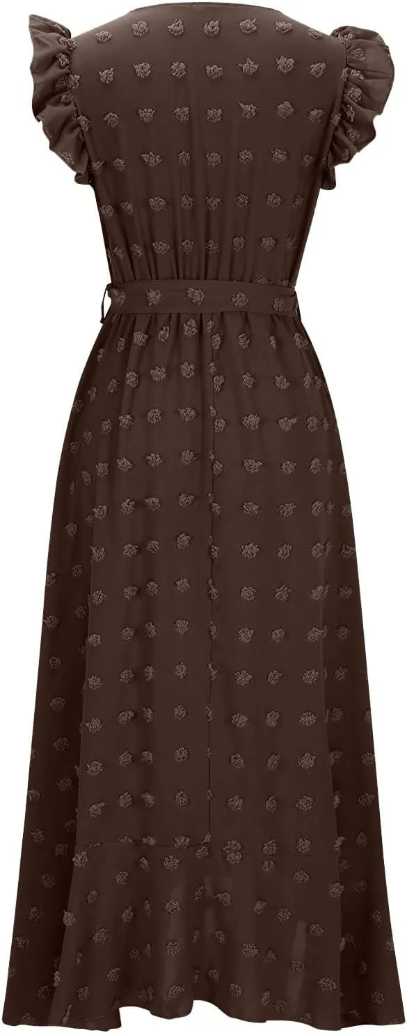 Xiaojmake Women Boho Summer Dresses V Neck Ruffle Sleeve Swiss Dot Dress High Low Slit Cocktail Party Flowy Tiered Midi Dress