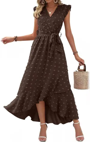 Xiaojmake Women Boho Summer Dresses V Neck Ruffle Sleeve Swiss Dot Dress High Low Slit Cocktail Party Flowy Tiered Midi Dress