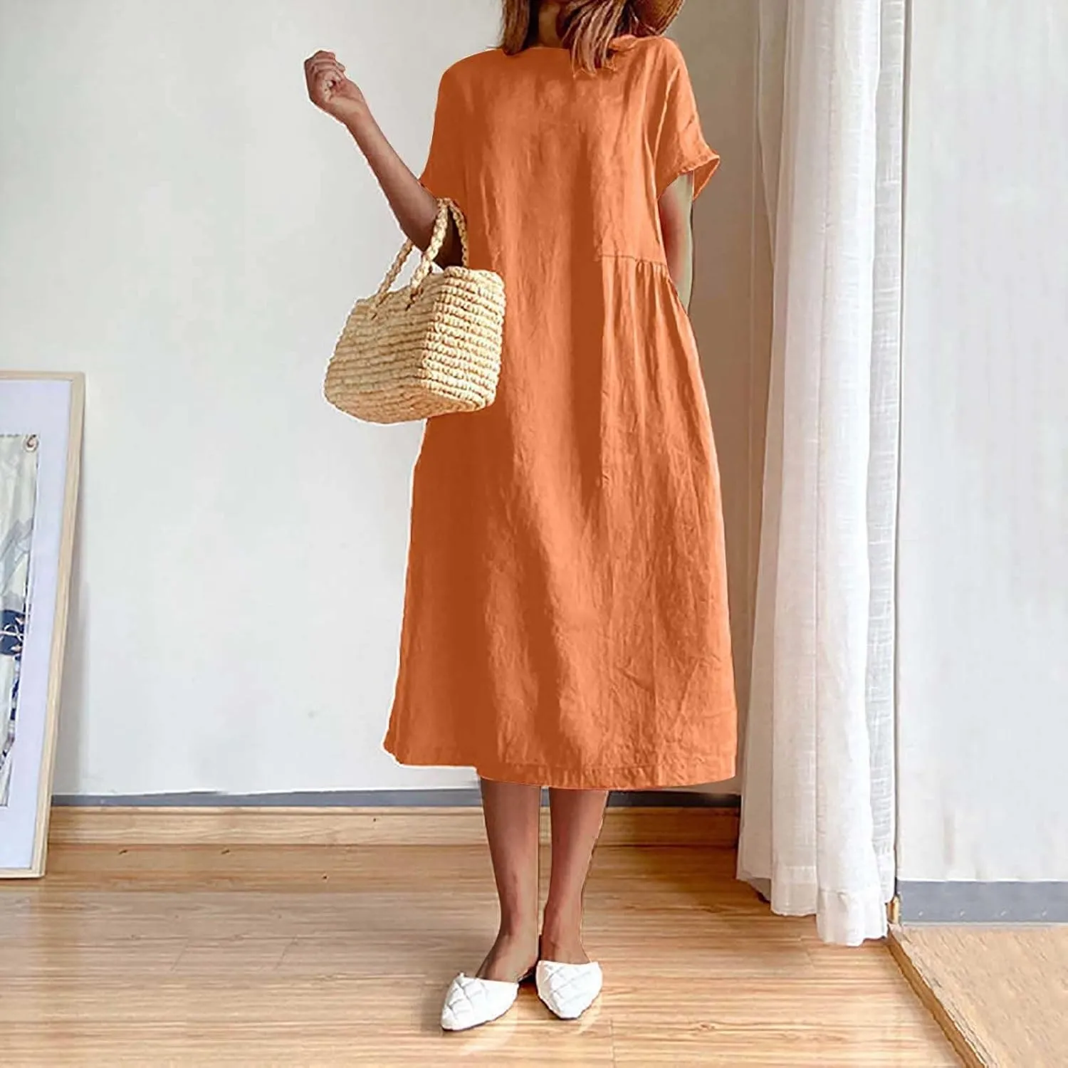 ZDRZK Beach Dresses for Women Cotton Linen Short Sleeve Crewneck Maxi Dress Oversized Loose Fit Casual Summer Dress