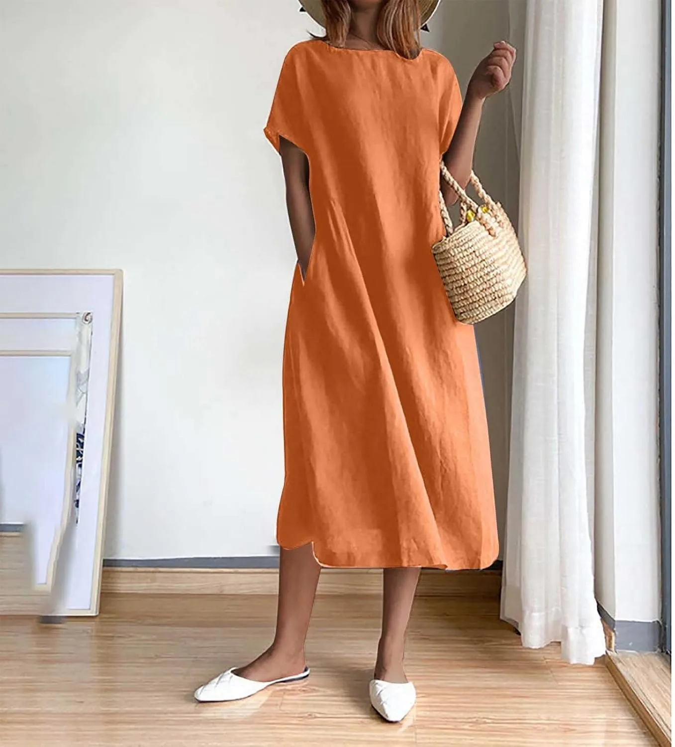 ZDRZK Beach Dresses for Women Cotton Linen Short Sleeve Crewneck Maxi Dress Oversized Loose Fit Casual Summer Dress