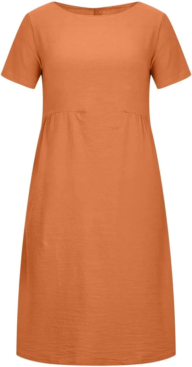 ZDRZK Beach Dresses for Women Cotton Linen Short Sleeve Crewneck Maxi Dress Oversized Loose Fit Casual Summer Dress