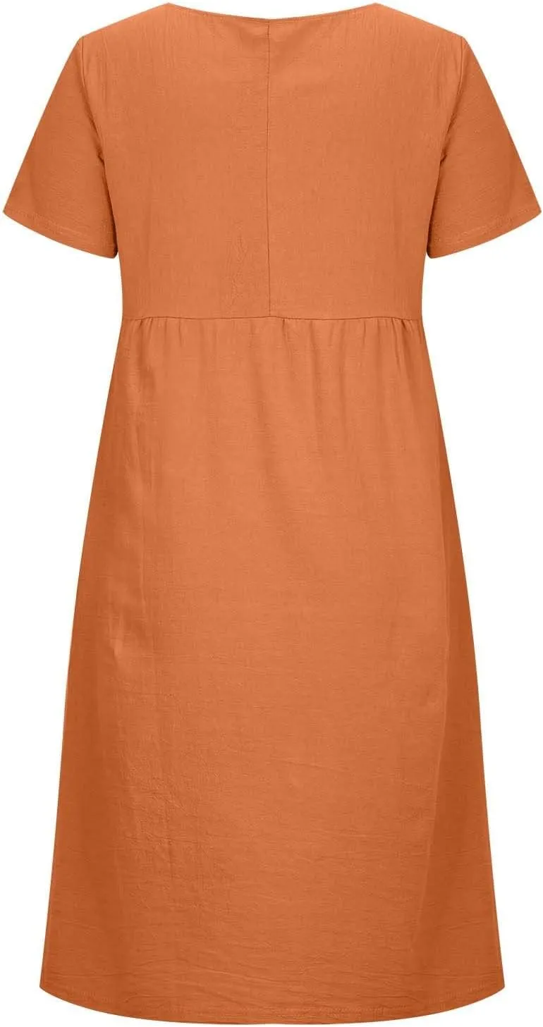 ZDRZK Beach Dresses for Women Cotton Linen Short Sleeve Crewneck Maxi Dress Oversized Loose Fit Casual Summer Dress