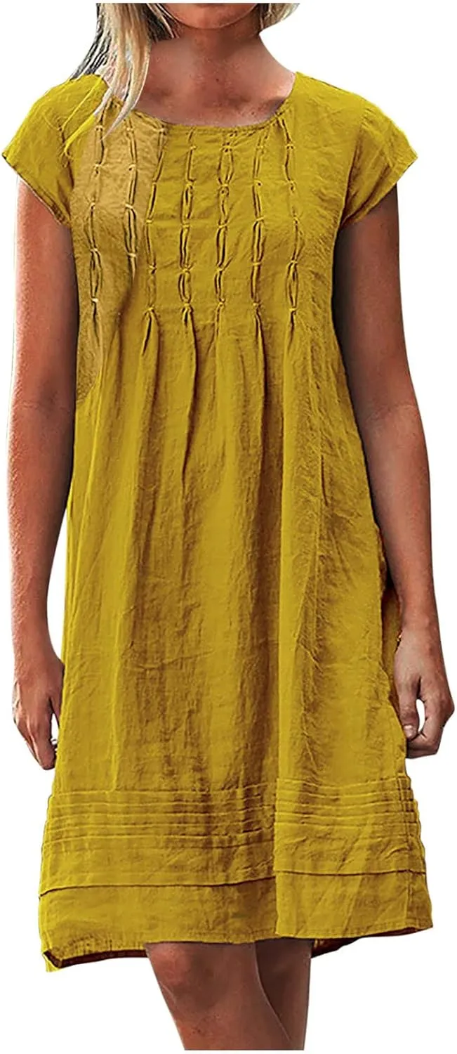 ZDRZK Midi Dresses for Women 2024 Casual Cotton Linen Summer Plus Size Sundresses Beach Vacation Loose Fit Flowy Dress