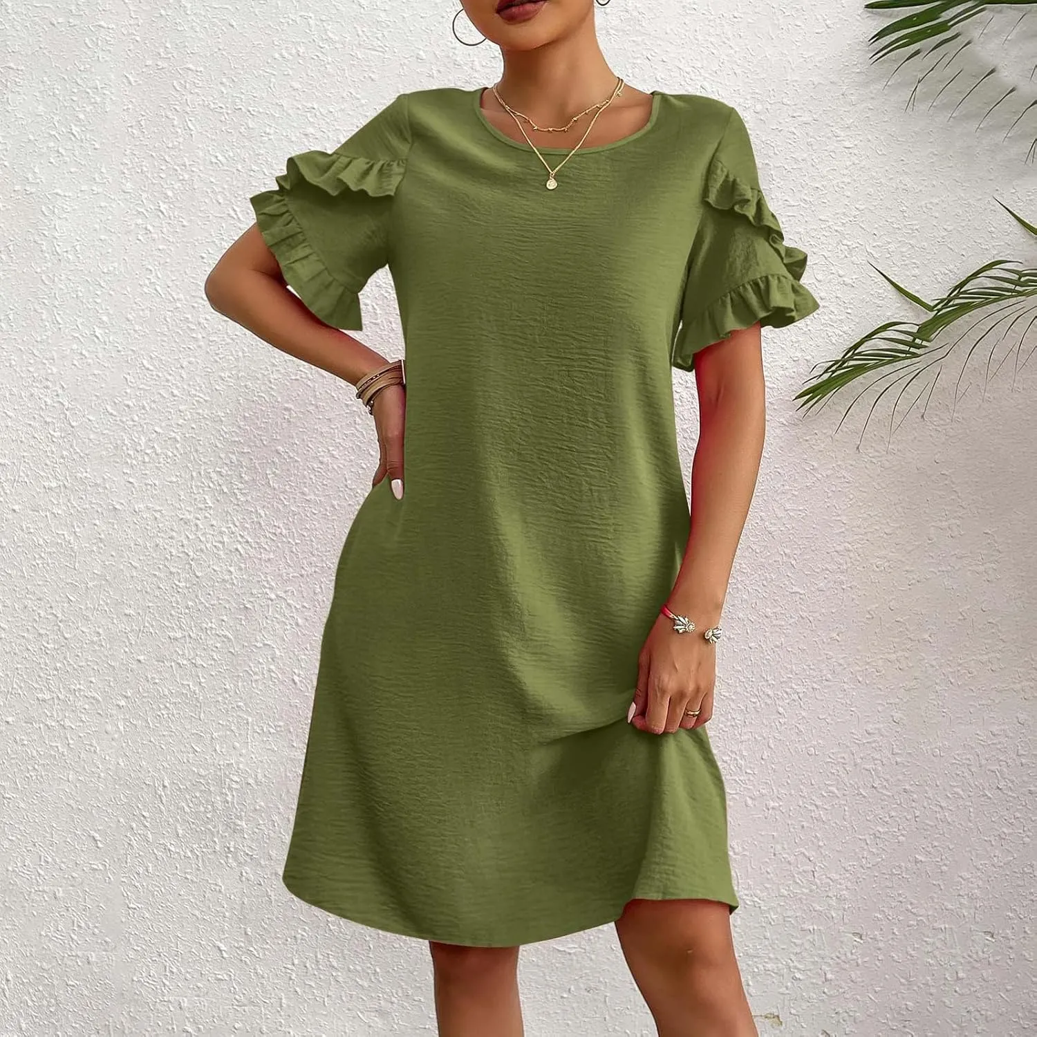 ZDRZK Summer Maxi Dresses for Women 2024 Short Ruffle Sleeve Midi Dress Casual Crewneck Flowy Swing A Line Dresses