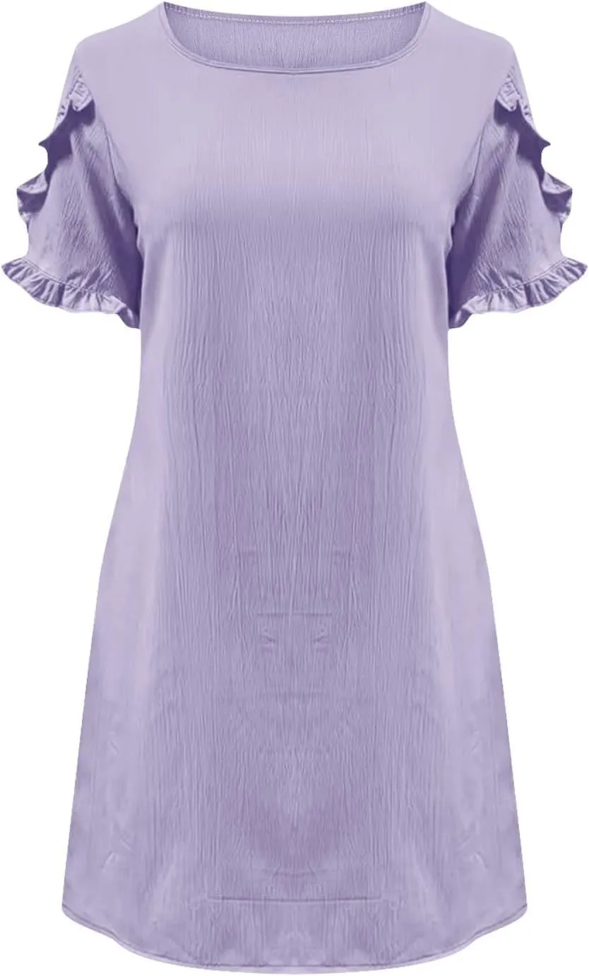 ZDRZK Summer Maxi Dresses for Women 2024 Short Ruffle Sleeve Midi Dress Casual Crewneck Flowy Swing A Line Dresses
