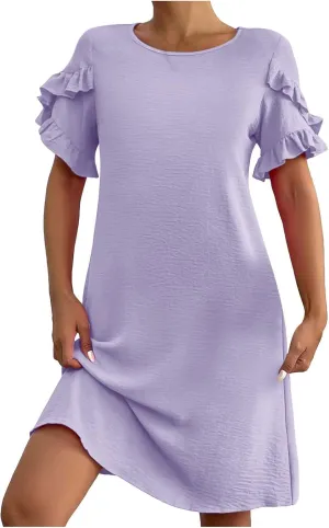 ZDRZK Summer Maxi Dresses for Women 2024 Short Ruffle Sleeve Midi Dress Casual Crewneck Flowy Swing A Line Dresses