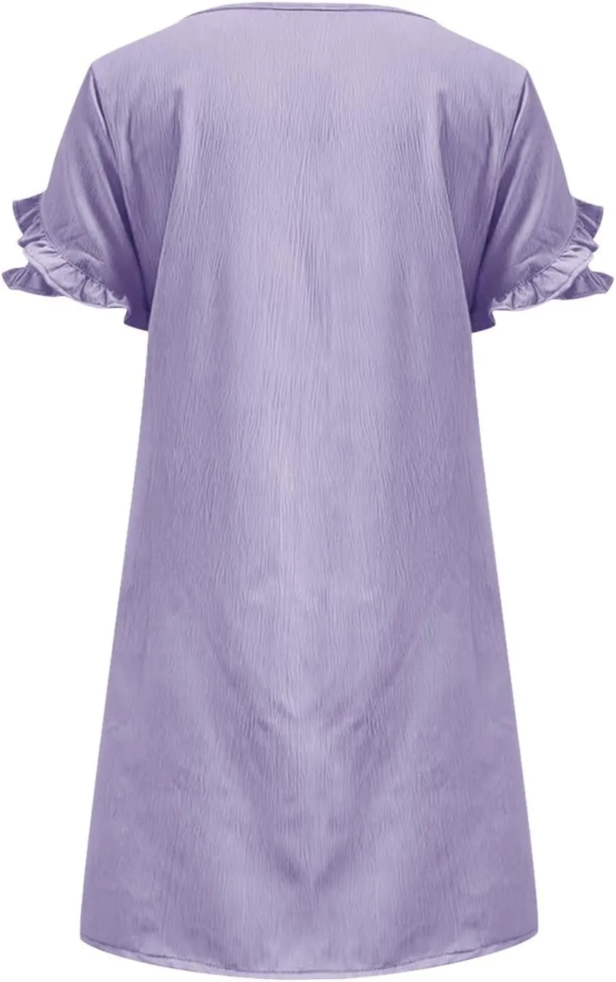 ZDRZK Summer Maxi Dresses for Women 2024 Short Ruffle Sleeve Midi Dress Casual Crewneck Flowy Swing A Line Dresses