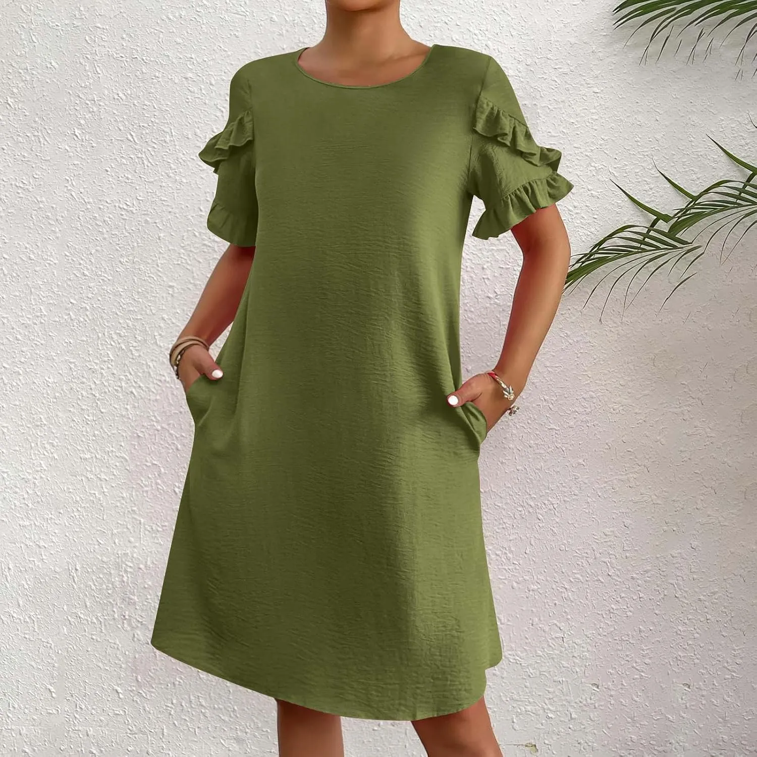 ZDRZK Summer Maxi Dresses for Women 2024 Short Ruffle Sleeve Midi Dress Casual Crewneck Flowy Swing A Line Dresses