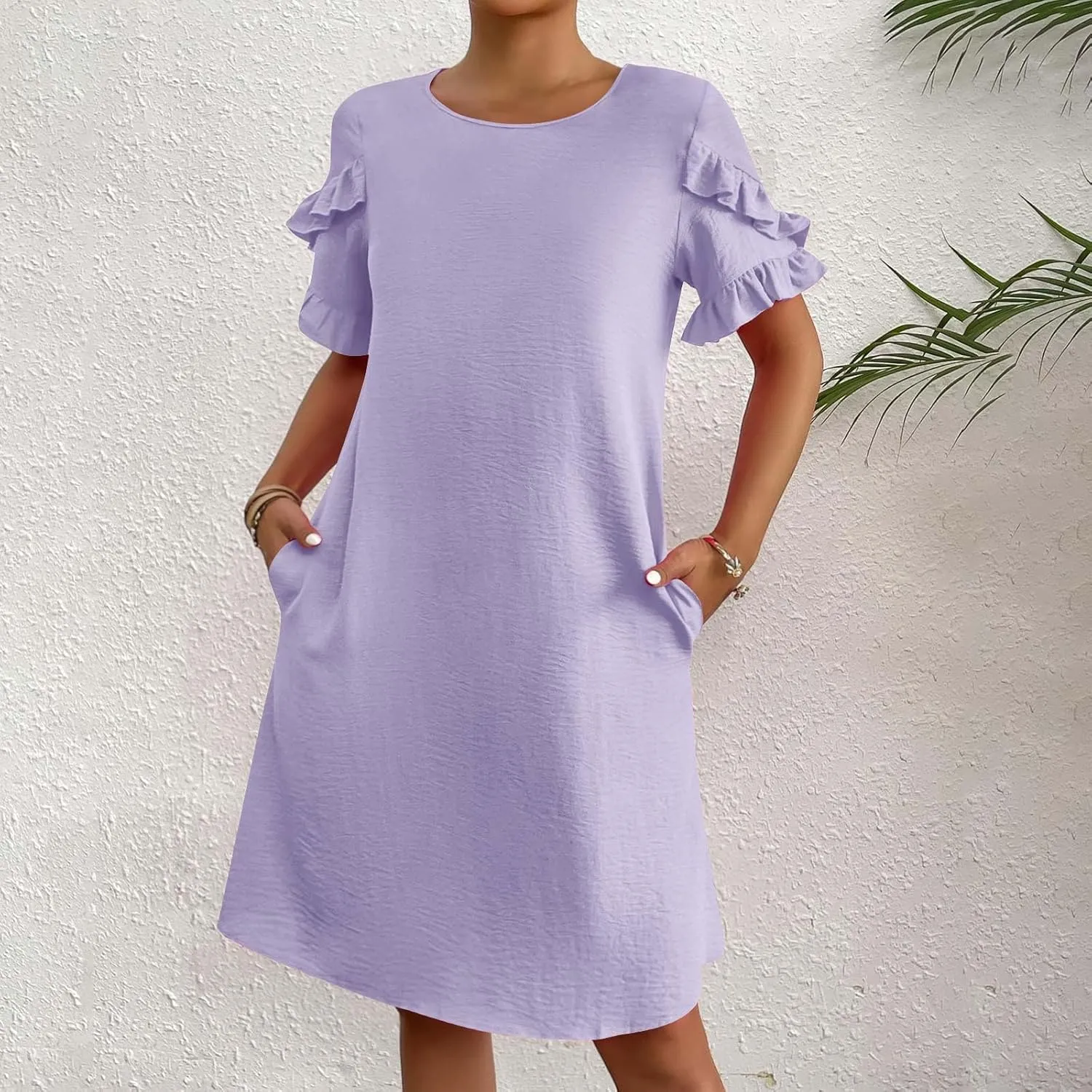 ZDRZK Summer Maxi Dresses for Women 2024 Short Ruffle Sleeve Midi Dress Casual Crewneck Flowy Swing A Line Dresses