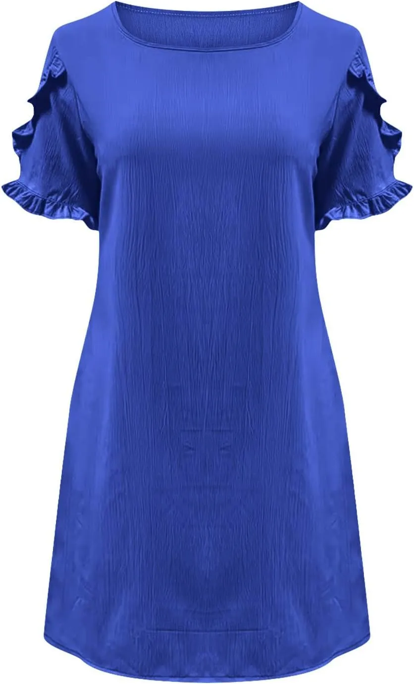 ZDRZK Summer Maxi Dresses for Women 2024 Short Ruffle Sleeve Midi Dress Casual Crewneck Flowy Swing A Line Dresses