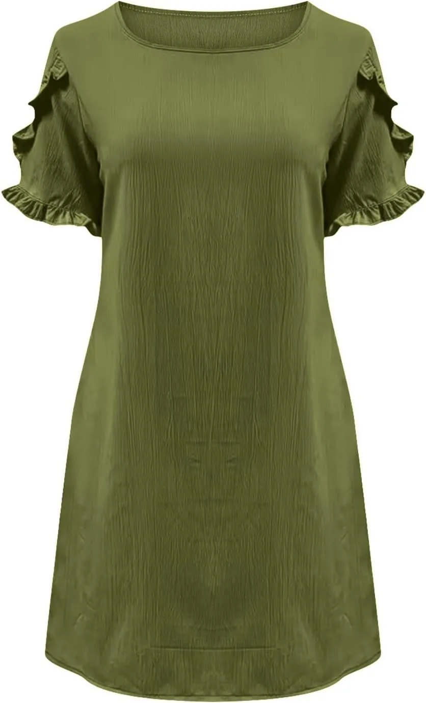 ZDRZK Summer Maxi Dresses for Women 2024 Short Ruffle Sleeve Midi Dress Casual Crewneck Flowy Swing A Line Dresses