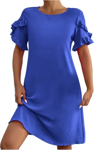 ZDRZK Summer Maxi Dresses for Women 2024 Short Ruffle Sleeve Midi Dress Casual Crewneck Flowy Swing A Line Dresses