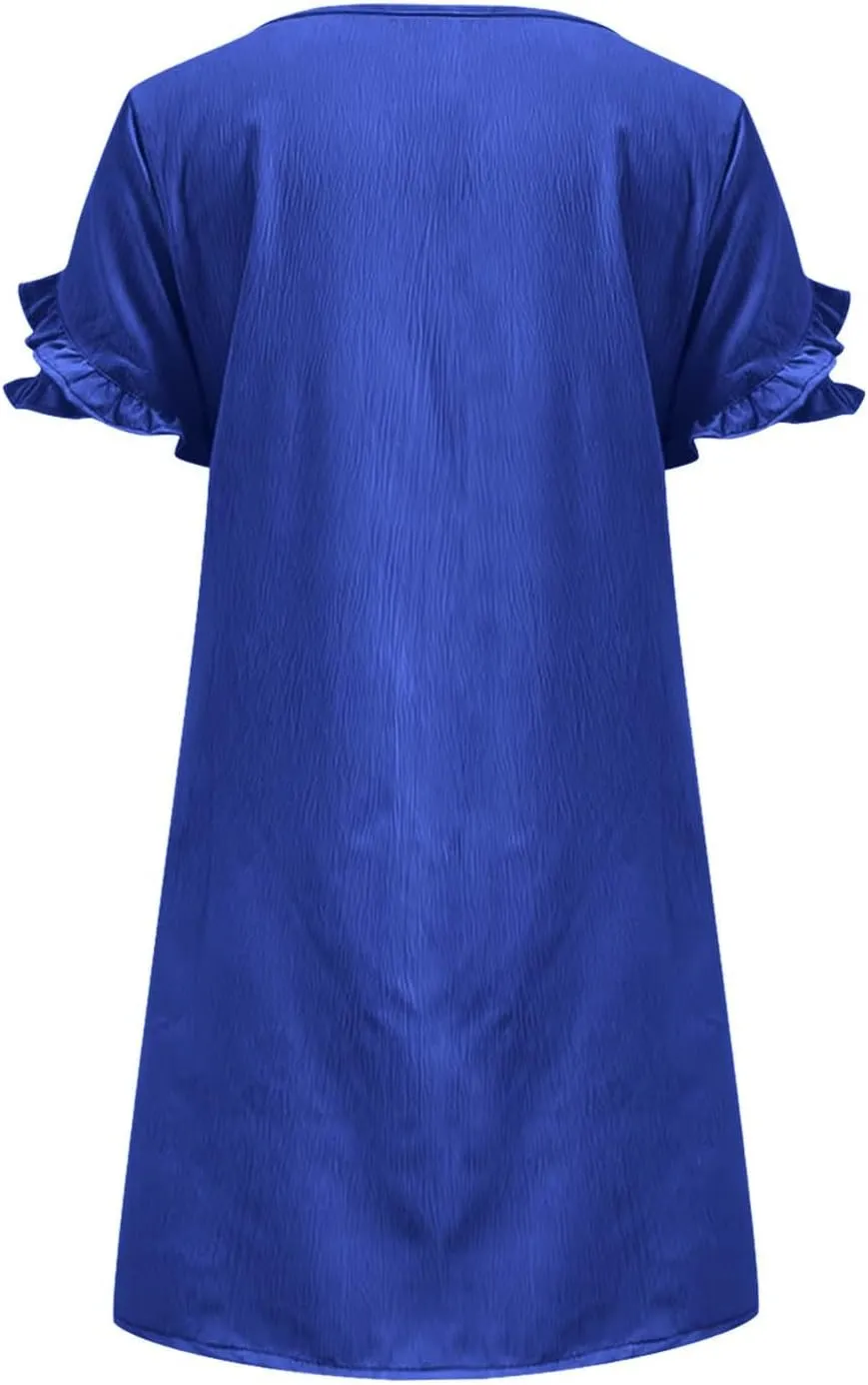 ZDRZK Summer Maxi Dresses for Women 2024 Short Ruffle Sleeve Midi Dress Casual Crewneck Flowy Swing A Line Dresses