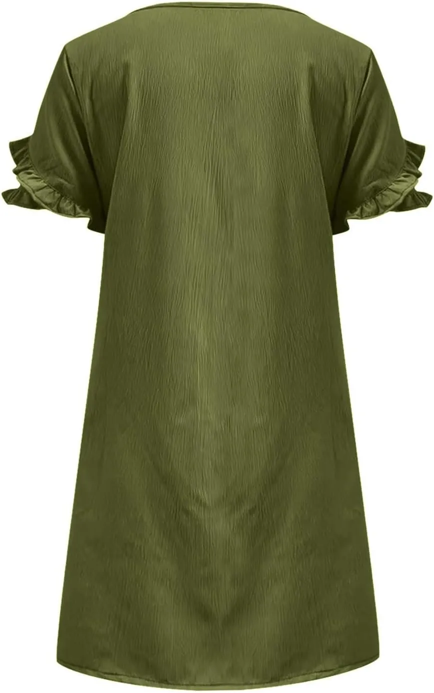 ZDRZK Summer Maxi Dresses for Women 2024 Short Ruffle Sleeve Midi Dress Casual Crewneck Flowy Swing A Line Dresses