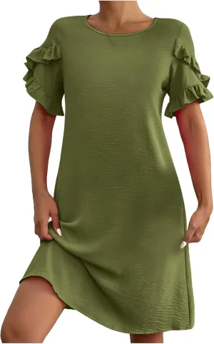 ZDRZK Summer Maxi Dresses for Women 2024 Short Ruffle Sleeve Midi Dress Casual Crewneck Flowy Swing A Line Dresses