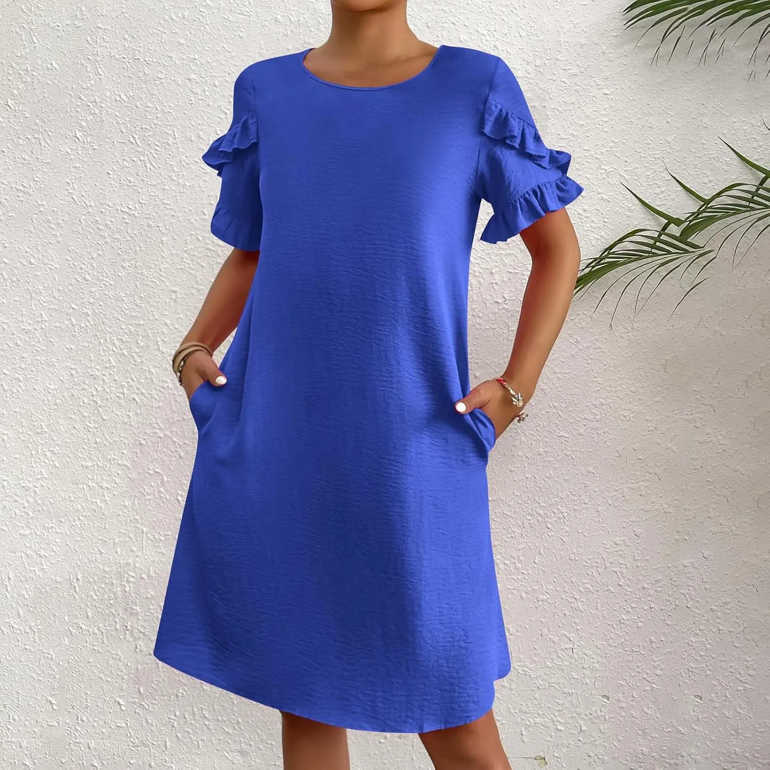 ZDRZK Summer Maxi Dresses for Women 2024 Short Ruffle Sleeve Midi Dress Casual Crewneck Flowy Swing A Line Dresses