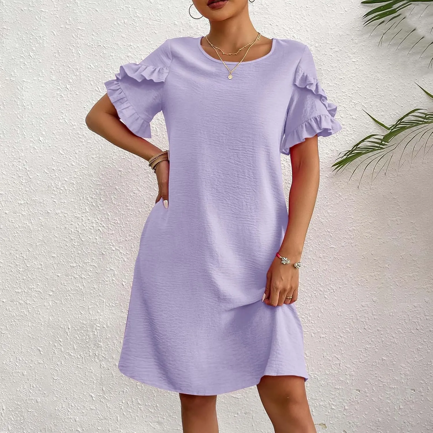 ZDRZK Summer Maxi Dresses for Women 2024 Short Ruffle Sleeve Midi Dress Casual Crewneck Flowy Swing A Line Dresses