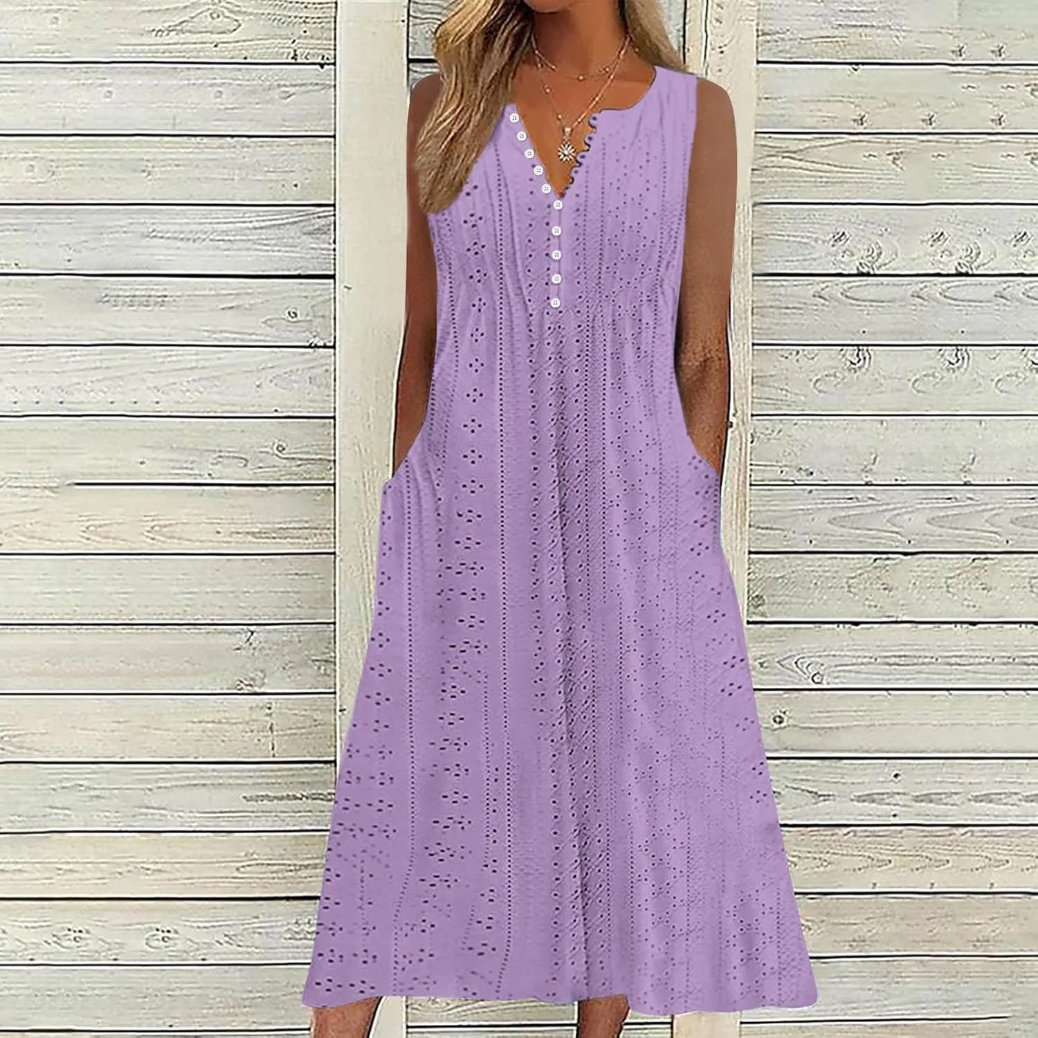 ZDRZK Sundresses for Women Eyelet Embroidery Solid Color Long Maxi Dresses Pockets Hollow Out Casual Dresses 2024 Trendy