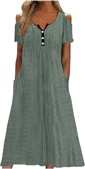 ZDRZK Sundresses for Women Eyelet Embroidery Solid Color Long Maxi Dresses Pockets Hollow Out Casual Dresses 2024 Trendy