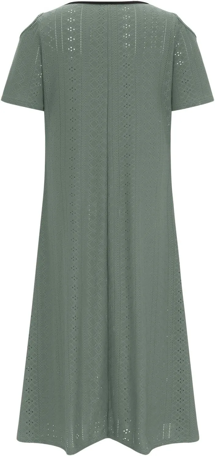 ZDRZK Sundresses for Women Eyelet Embroidery Solid Color Long Maxi Dresses Pockets Hollow Out Casual Dresses 2024 Trendy
