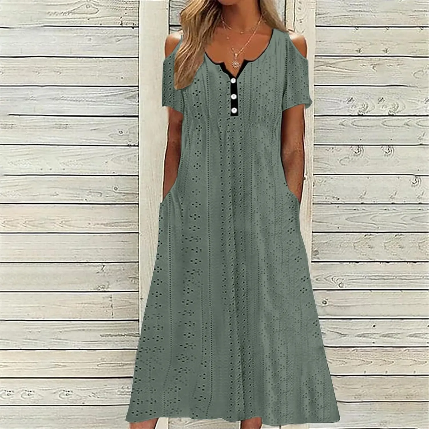 ZDRZK Sundresses for Women Eyelet Embroidery Solid Color Long Maxi Dresses Pockets Hollow Out Casual Dresses 2024 Trendy