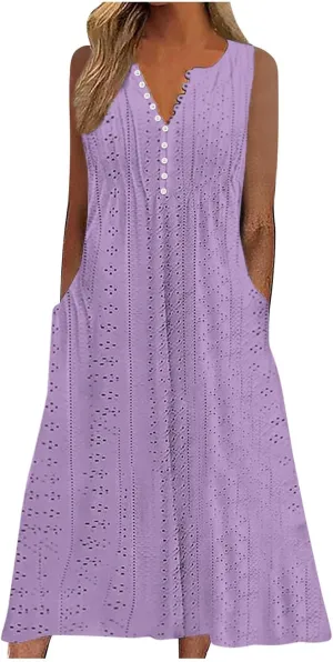 ZDRZK Sundresses for Women Eyelet Embroidery Solid Color Long Maxi Dresses Pockets Hollow Out Casual Dresses 2024 Trendy