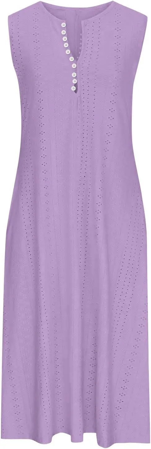 ZDRZK Sundresses for Women Eyelet Embroidery Solid Color Long Maxi Dresses Pockets Hollow Out Casual Dresses 2024 Trendy