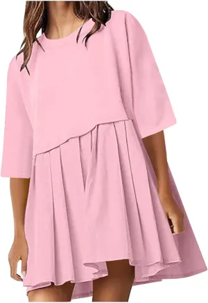 ZDRZK Women's Summer Dresses 3/4 Sleeve Crewneck Solid Color Casual Sundresses Loose Flowy Beach Mini Dress Trendy 2024