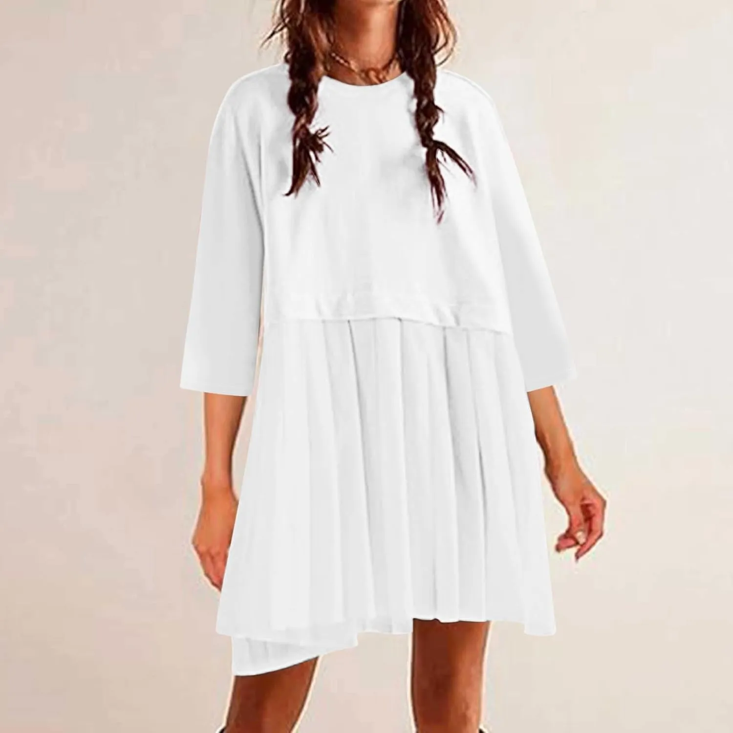 ZDRZK Women's Summer Dresses 3/4 Sleeve Crewneck Solid Color Casual Sundresses Loose Flowy Beach Mini Dress Trendy 2024