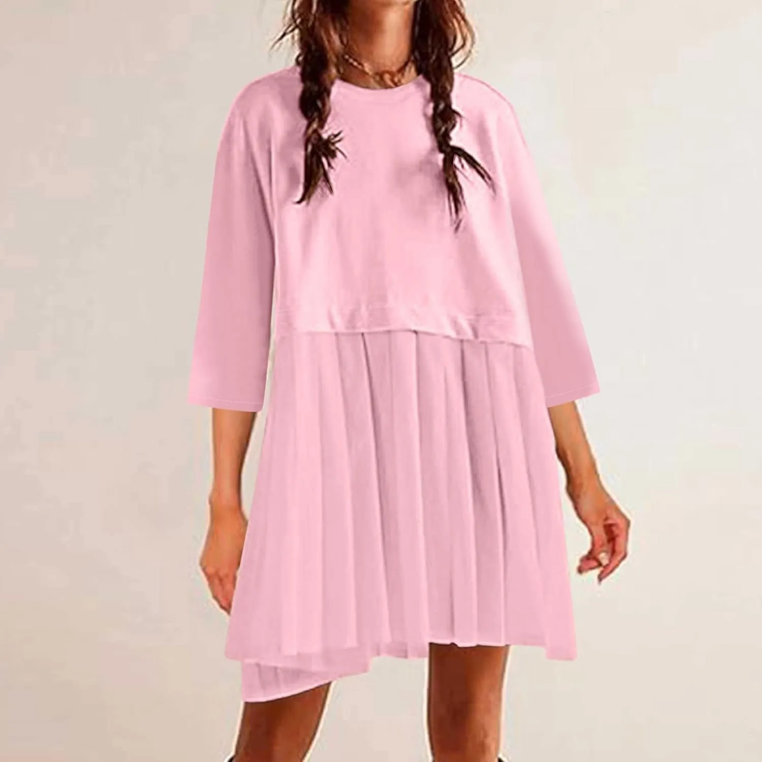 ZDRZK Women's Summer Dresses 3/4 Sleeve Crewneck Solid Color Casual Sundresses Loose Flowy Beach Mini Dress Trendy 2024