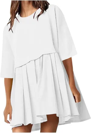 ZDRZK Women's Summer Dresses 3/4 Sleeve Crewneck Solid Color Casual Sundresses Loose Flowy Beach Mini Dress Trendy 2024