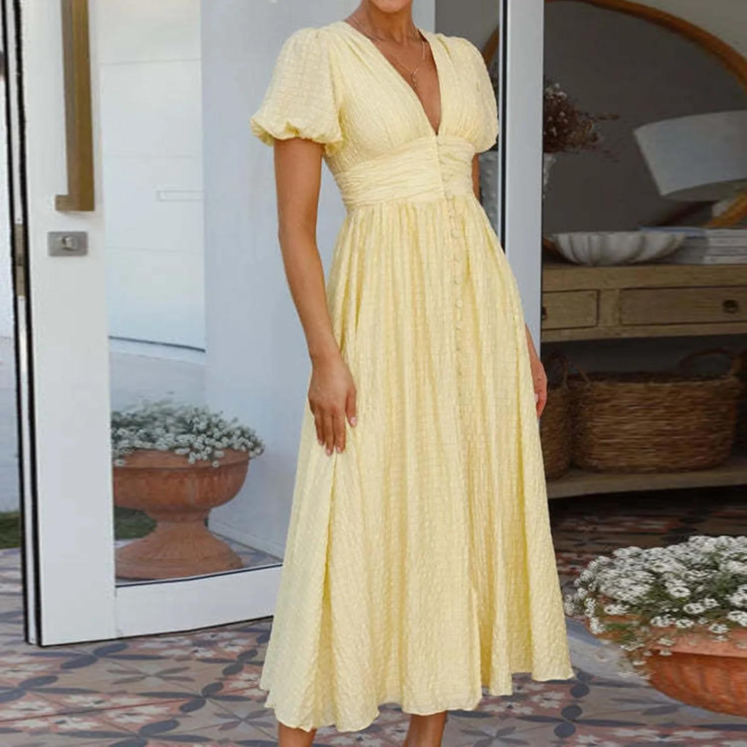 ZDRZK Womens Sundresses Puff Short Sleeve V Neck Empire Waist A-Line Maxi Dresses Decoration Button Casual Summer Dress