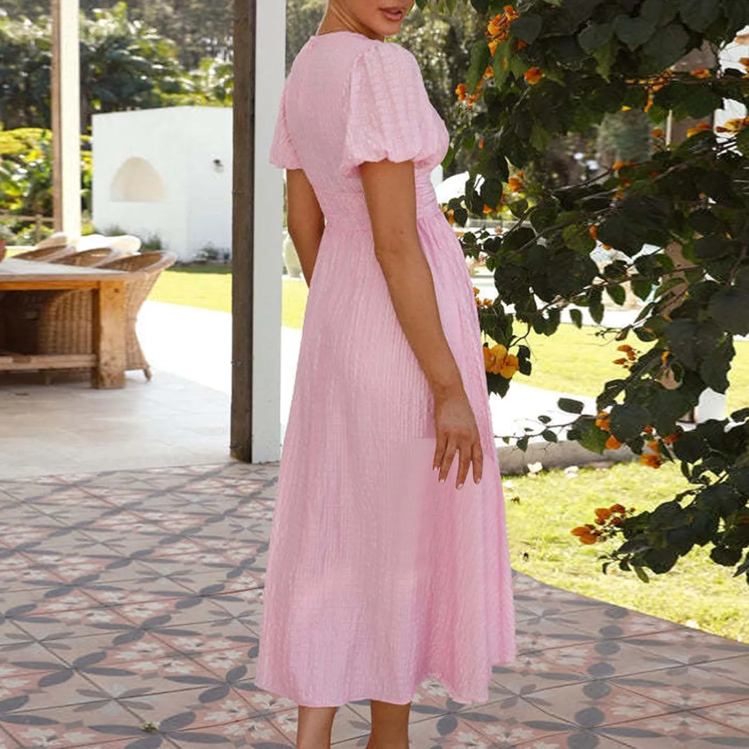 ZDRZK Womens Sundresses Puff Short Sleeve V Neck Empire Waist A-Line Maxi Dresses Decoration Button Casual Summer Dress