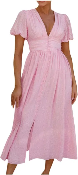 ZDRZK Womens Sundresses Puff Short Sleeve V Neck Empire Waist A-Line Maxi Dresses Decoration Button Casual Summer Dress