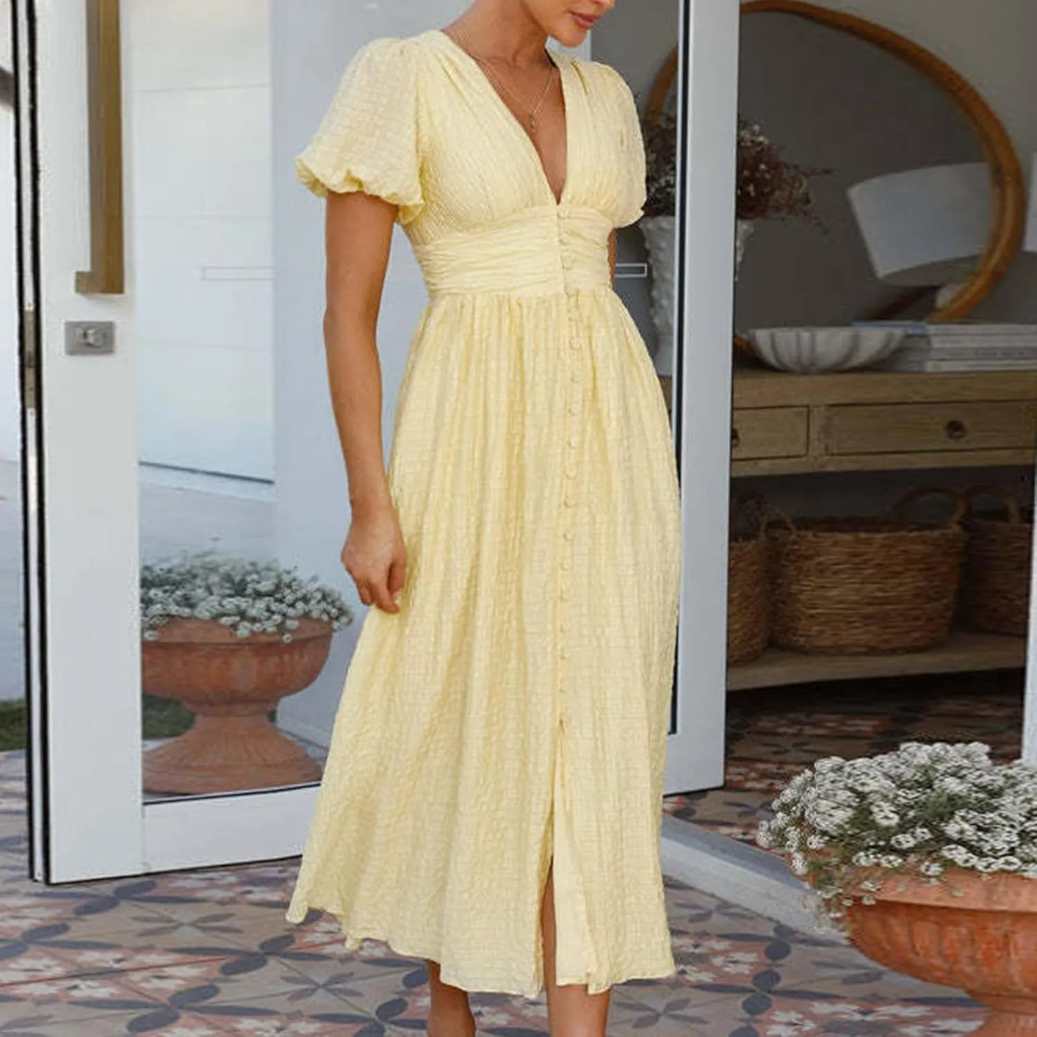 ZDRZK Womens Sundresses Puff Short Sleeve V Neck Empire Waist A-Line Maxi Dresses Decoration Button Casual Summer Dress
