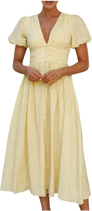 ZDRZK Womens Sundresses Puff Short Sleeve V Neck Empire Waist A-Line Maxi Dresses Decoration Button Casual Summer Dress