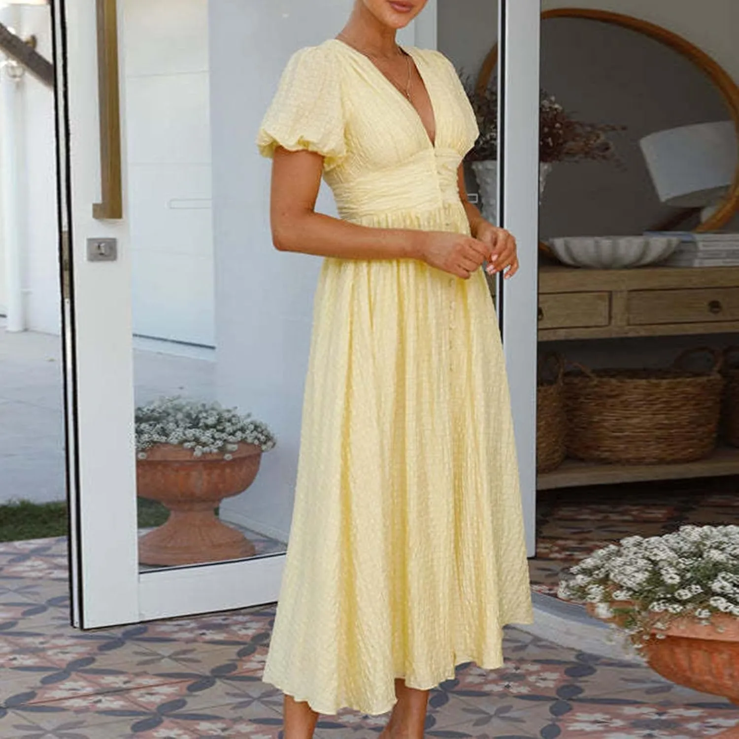 ZDRZK Womens Sundresses Puff Short Sleeve V Neck Empire Waist A-Line Maxi Dresses Decoration Button Casual Summer Dress