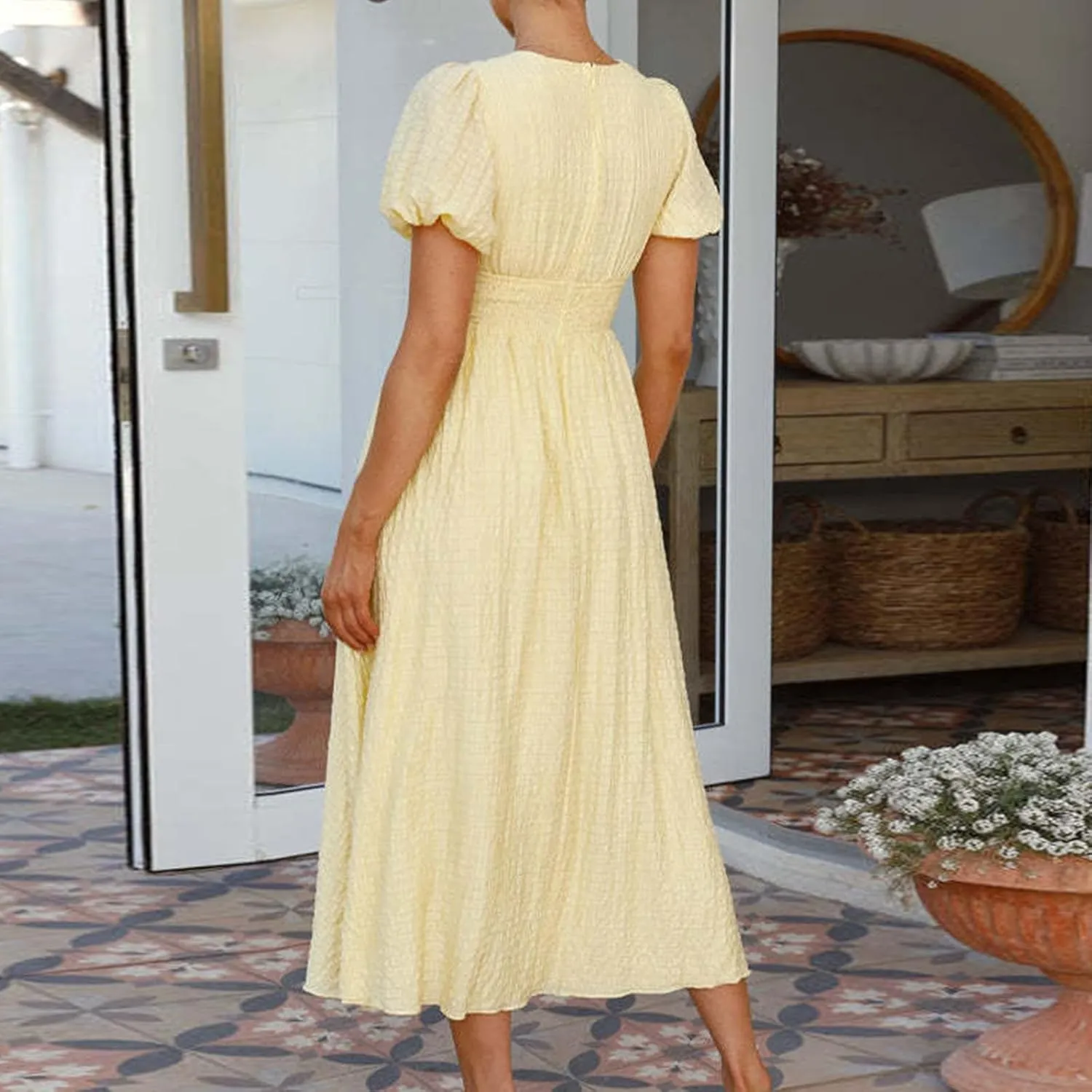 ZDRZK Womens Sundresses Puff Short Sleeve V Neck Empire Waist A-Line Maxi Dresses Decoration Button Casual Summer Dress